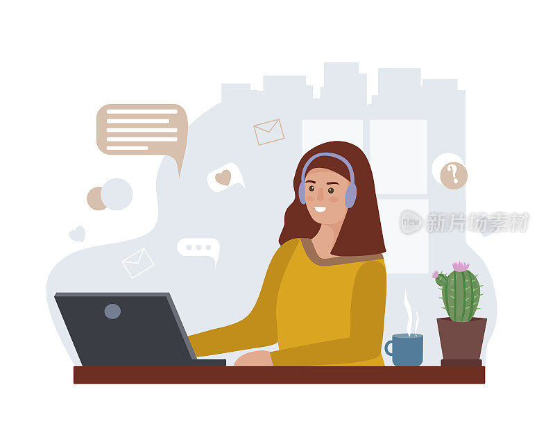 Woman works at home, freelancer. Virtual communication from the computer screen. Education online